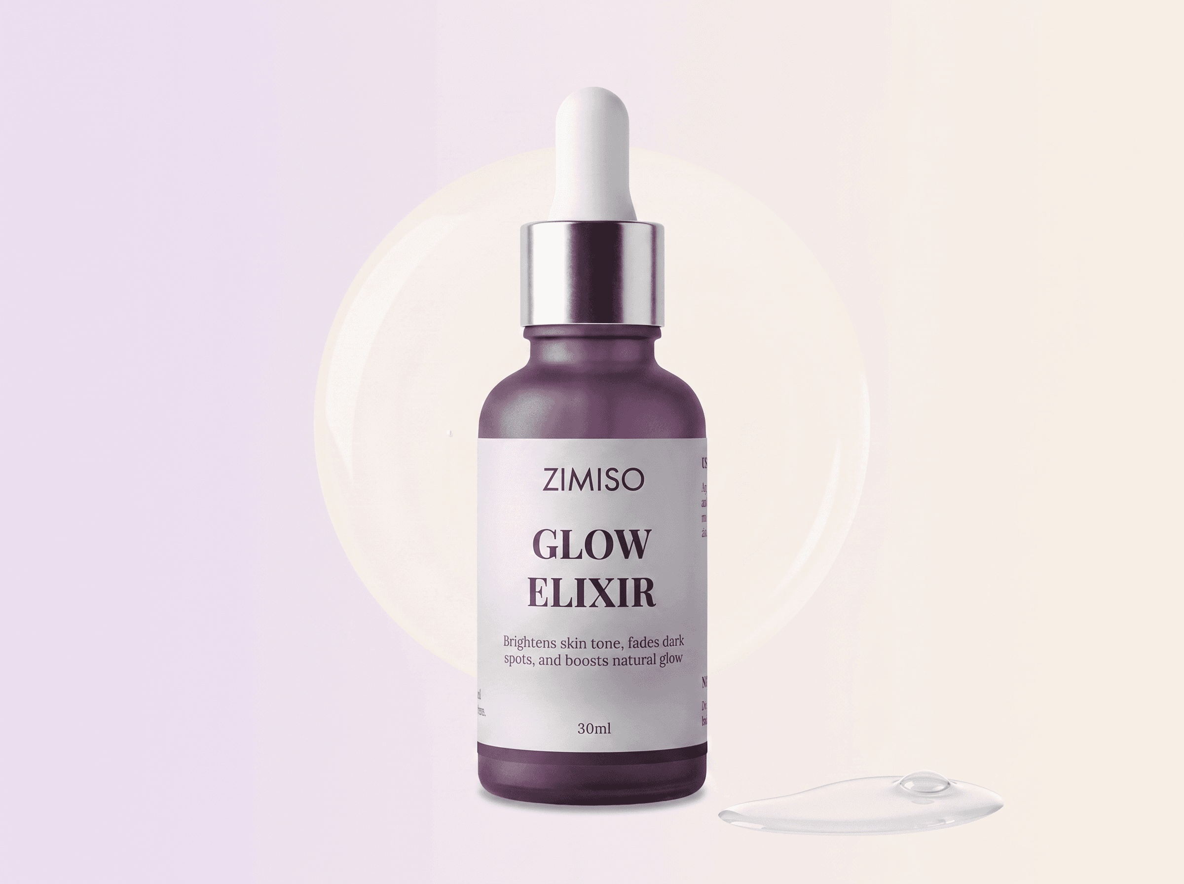 ZIMISO Glow Elixir centered against a soft cream halo on a lilac backdrop