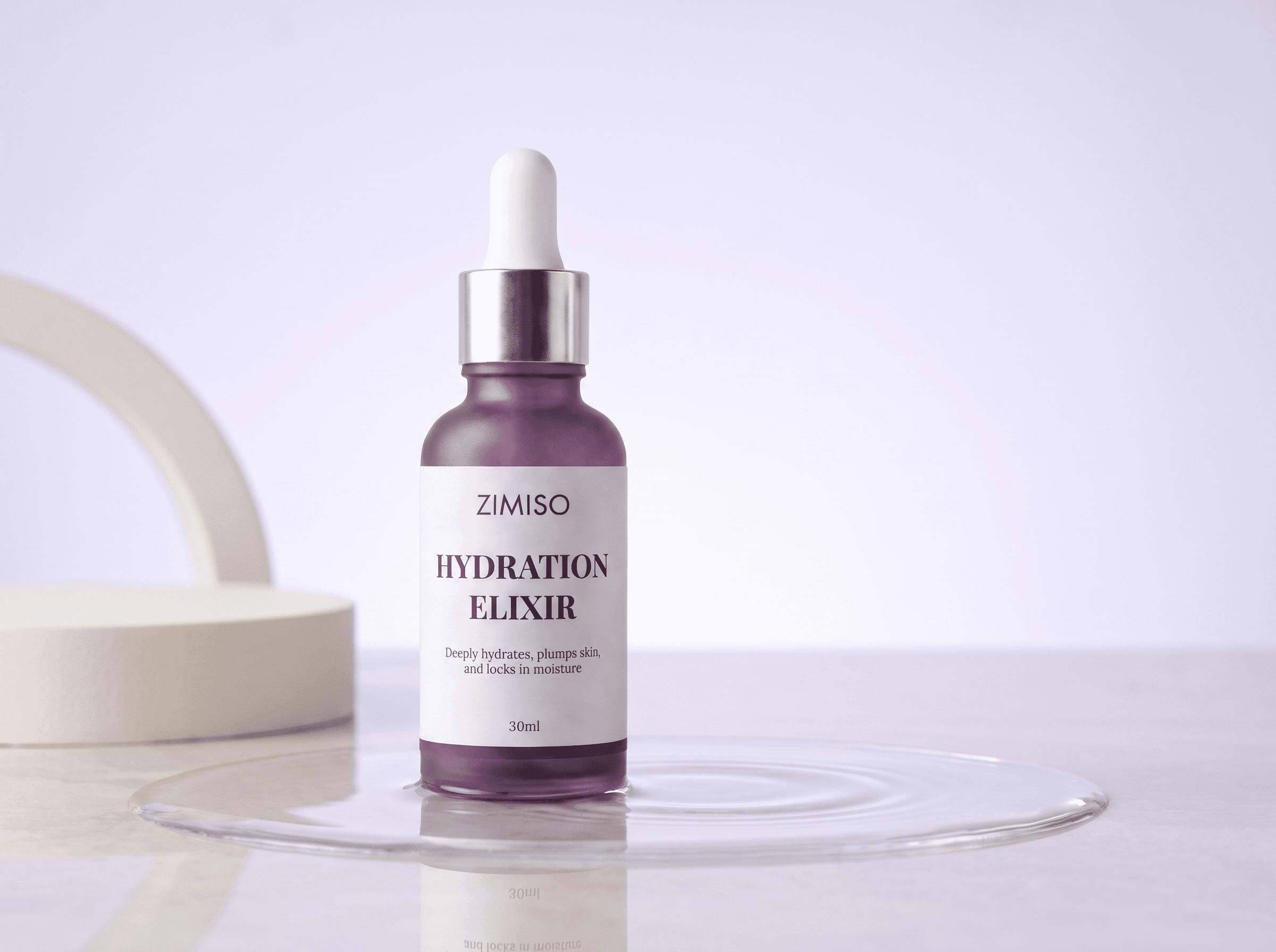 ZIMISO Hydration Elixir standing in a still pool of water beside a cream riser